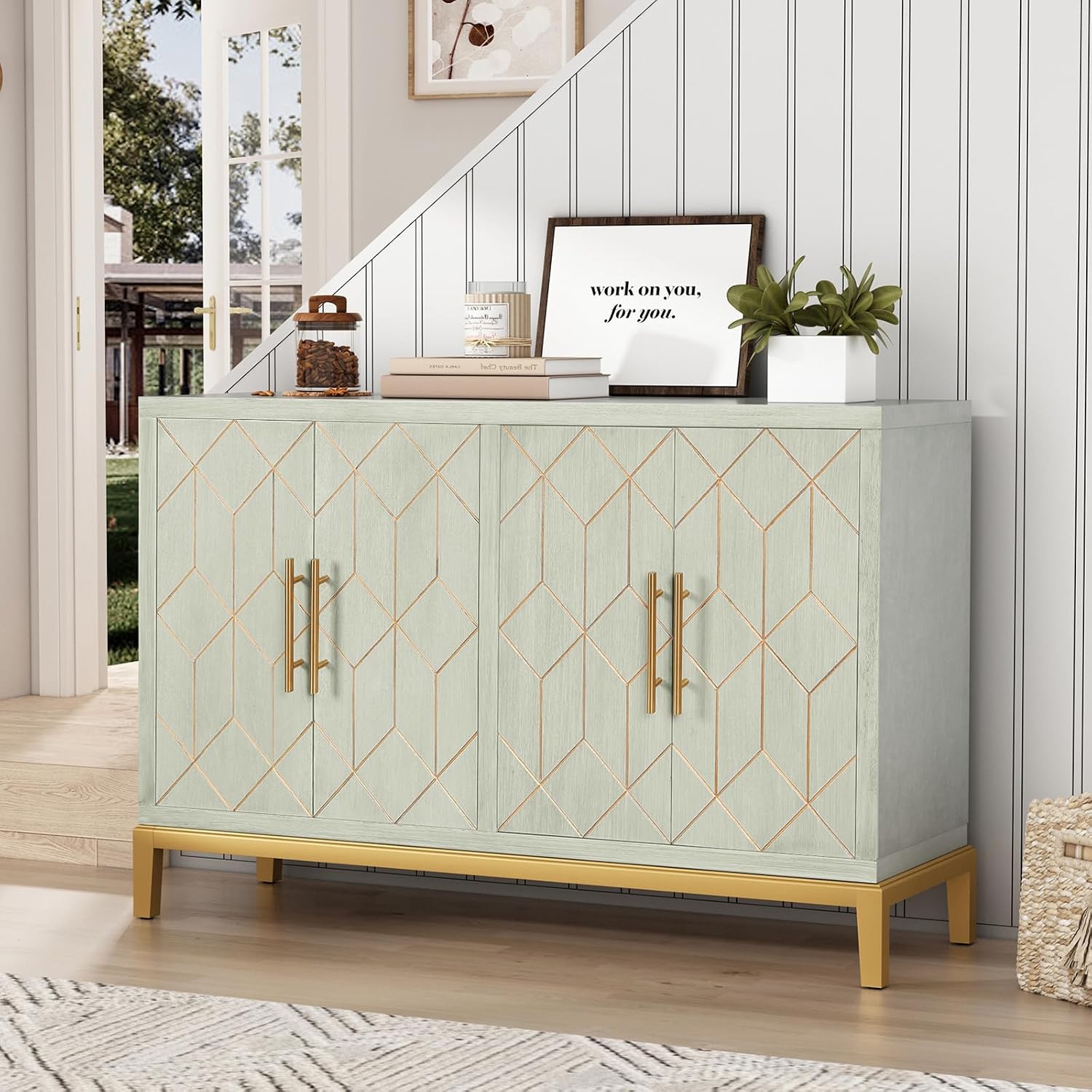 Office Furniture Credenza - 4-Door Accent Cabinet Modern Credenza Carved